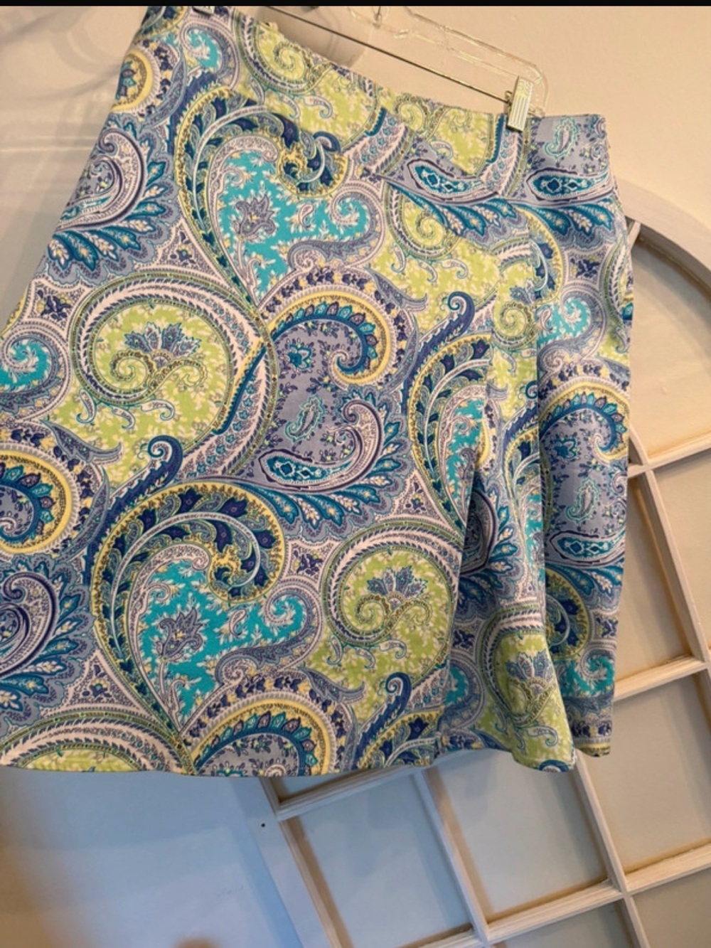 Avenue Paisley A-Line Skirt Stretch- Blue, Turquoise & Yellow Boho Chic Colorful